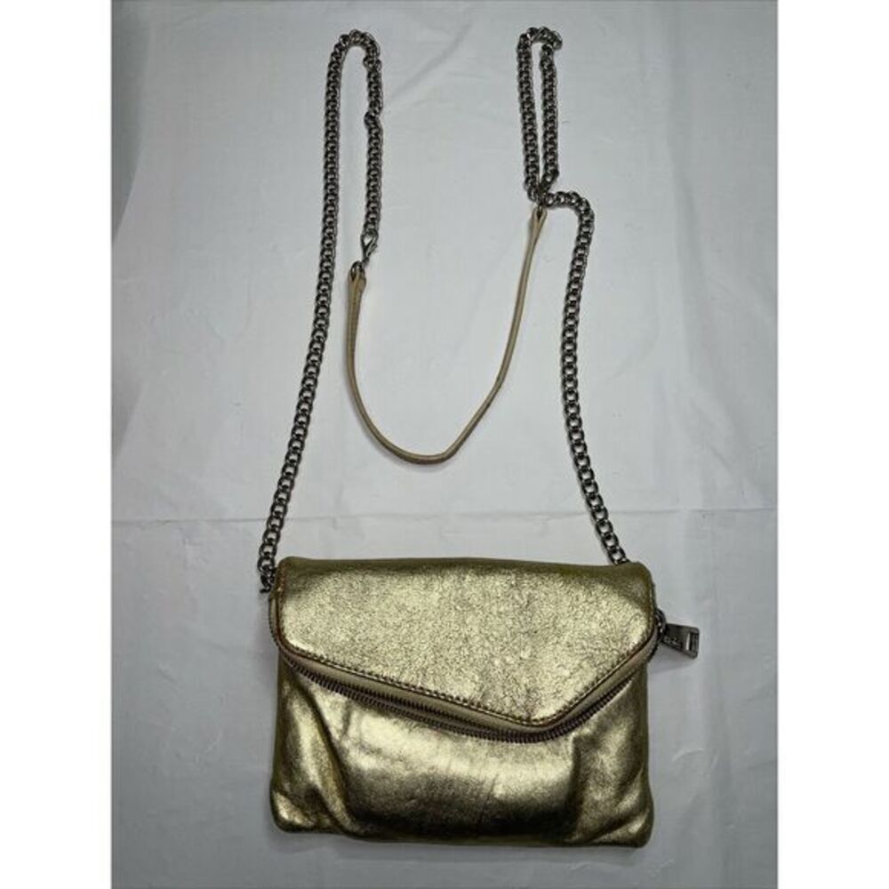 HOBO International Zara Gold Metallic Leather Fold Over Zipper Evening Bag‎